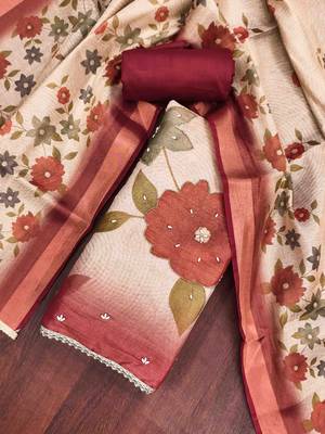Beige cotton silk embellished unstitched dress material 1