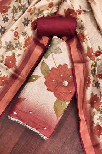 Beige cotton silk embellished unstitched dress material