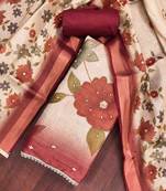 Beige cotton silk embellished unstitched dress material