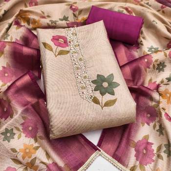 Beige cotton silk embellished unstitched dress material 1