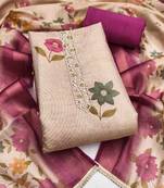 Beige cotton silk embellished unstitched dress material