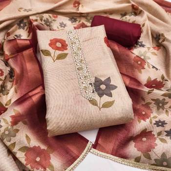 Beige cotton silk embellished unstitched dress material 2