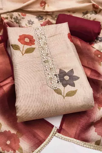 Beige cotton silk embellished unstitched dress material