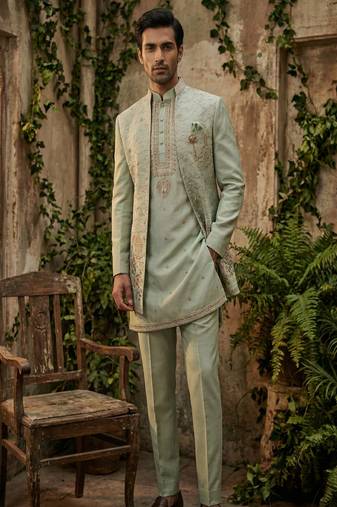 Light green thread and sequins embroidered indowestern