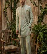 Light green thread and sequins embroidered indowestern