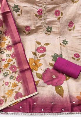Beige cotton silk embellished unstitched dress material 2