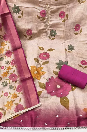 Beige cotton silk embellished unstitched dress material