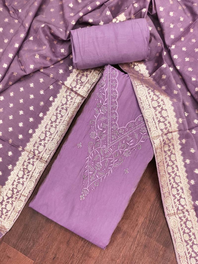 Lavender roman cotton embroidered unstitched dress material