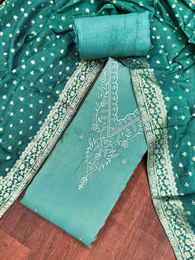 Turquoise roman cotton embroidered unstitched dress material