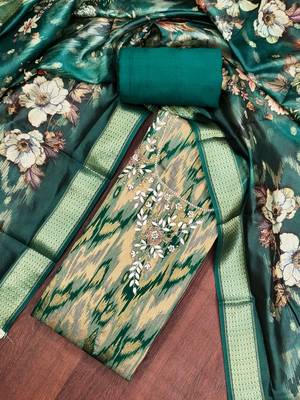 Teal cotton silk embellished unstitched dress material 1