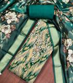 Teal cotton silk embellished unstitched dress material