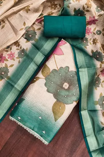 Beige cotton silk embellished unstitched dress material