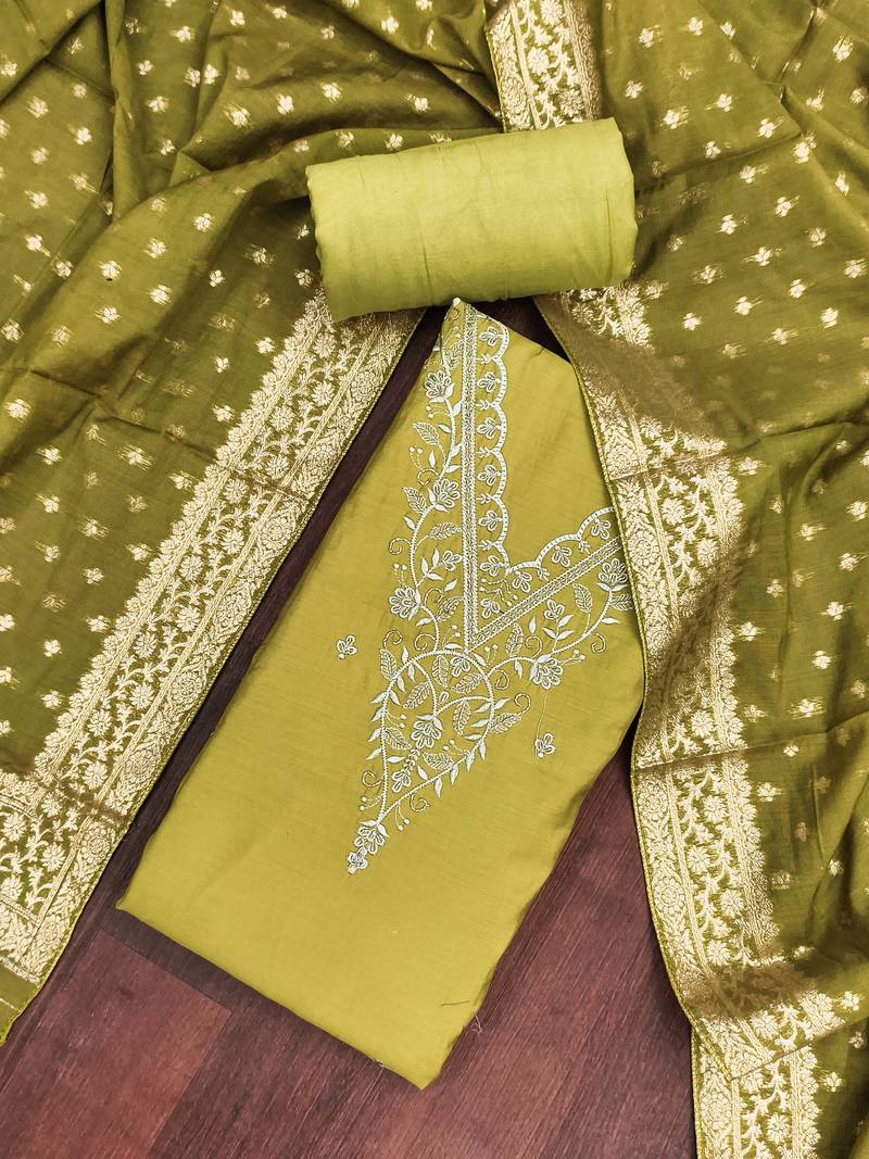 Mehendi  roman cotton embroidered unstitched dress material