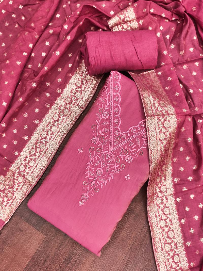 Pink roman cotton embroidered unstitched dress material