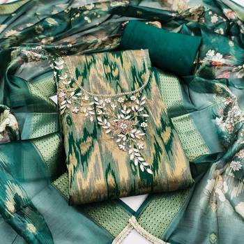 Teal cotton silk embellished unstitched dress material 2