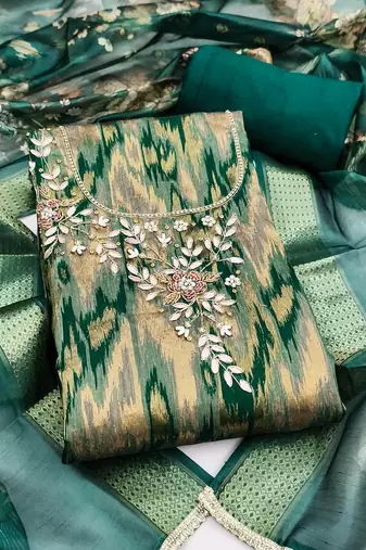 Teal cotton silk embellished unstitched dress material
