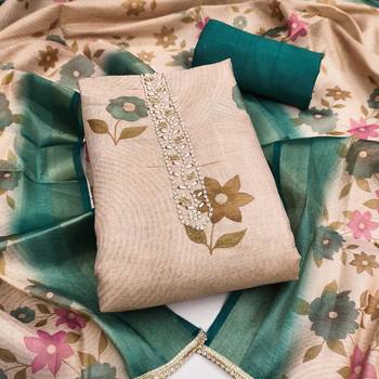 Beige cotton silk embellished unstitched dress material 2