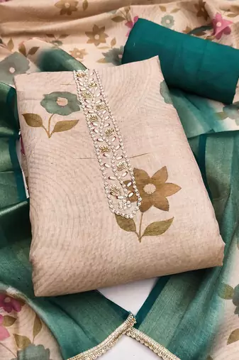 Beige cotton silk embellished unstitched dress material