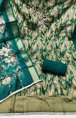 Teal cotton silk embellished unstitched dress material 3