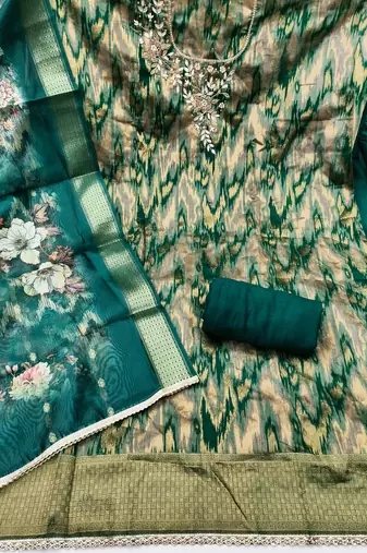 Teal cotton silk embellished unstitched dress material