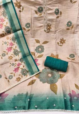 Beige cotton silk embellished unstitched dress material 3