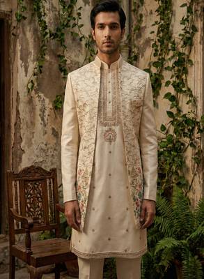 Fawn thread and sequins embroidered indowestern 2