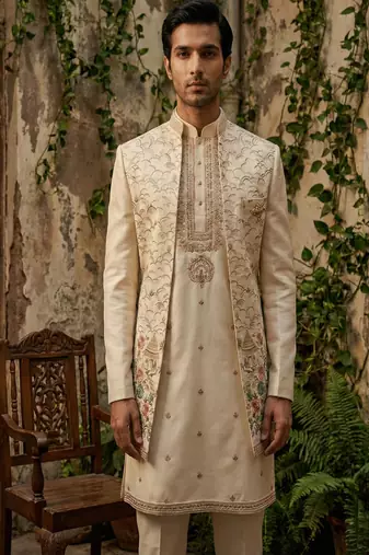Fawn thread and sequins embroidered indowestern