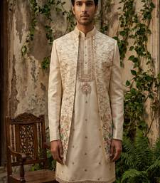 Fawn thread and sequins embroidered indowestern
