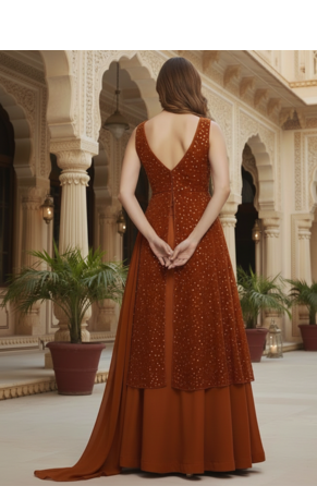 Rust Orange Embellished long choli Lehenga with dupatta 2