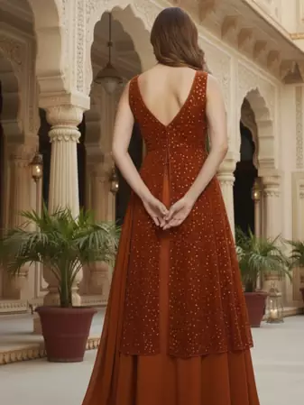 Rust Orange Embellished long choli Lehenga with dupatta