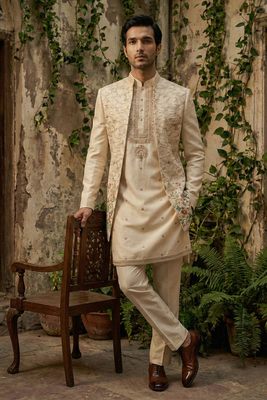Fawn thread and sequins embroidered indowestern 1