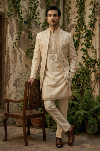 Fawn thread and sequins embroidered indowestern