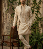 Fawn thread and sequins embroidered indowestern