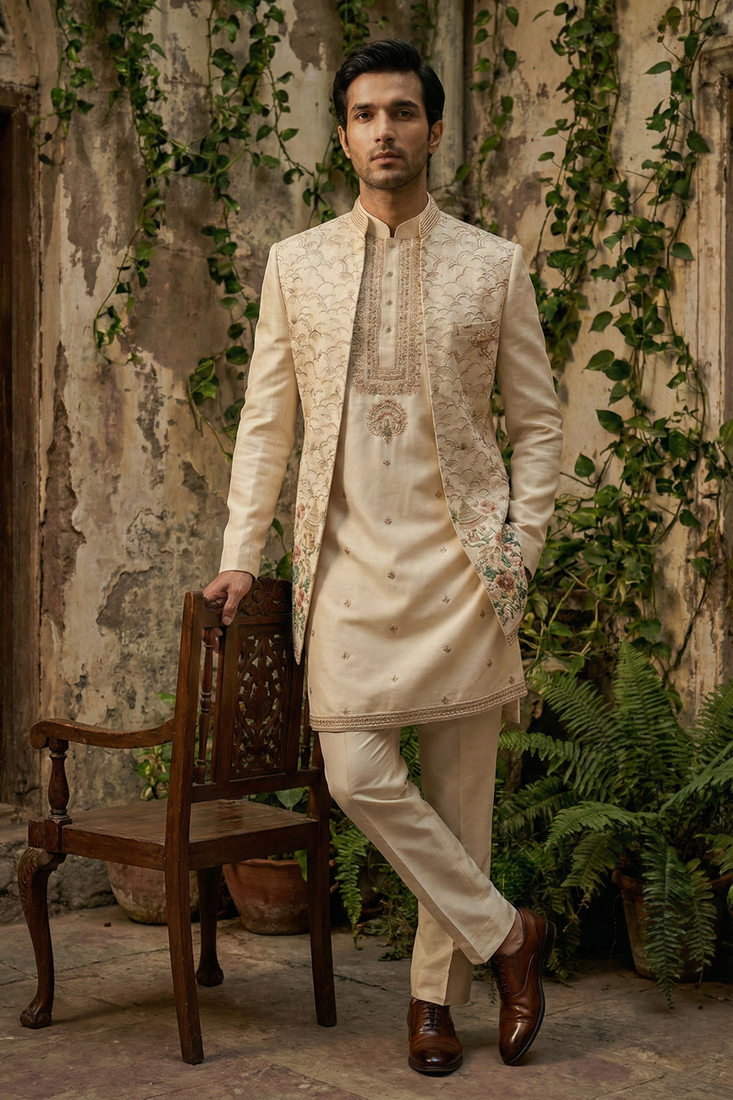 Fawn thread and sequins embroidered indowestern