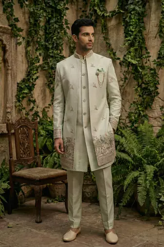 Light pista thread and sequins embroidered indowestern