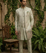 Light pista thread and sequins embroidered indowestern