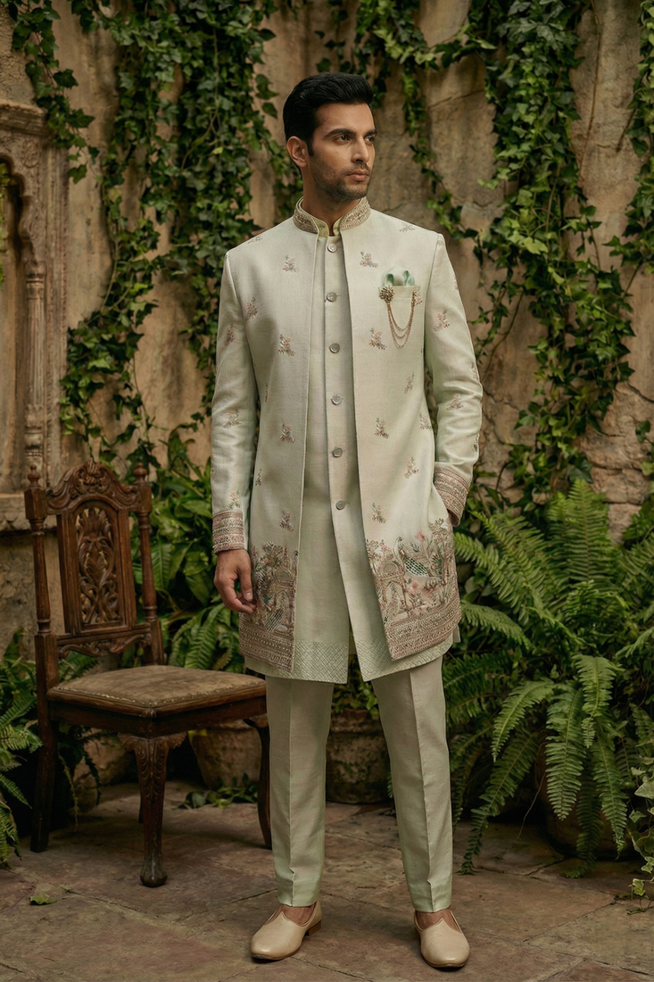 Light pista thread and sequins embroidered indowestern