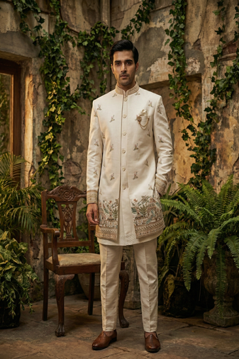 Cream thread and sequins embroidered indowestern