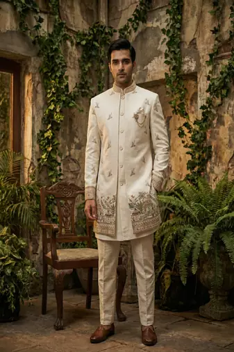 Cream thread and sequins embroidered indowestern