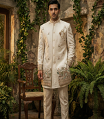 Cream thread and sequins embroidered indowestern