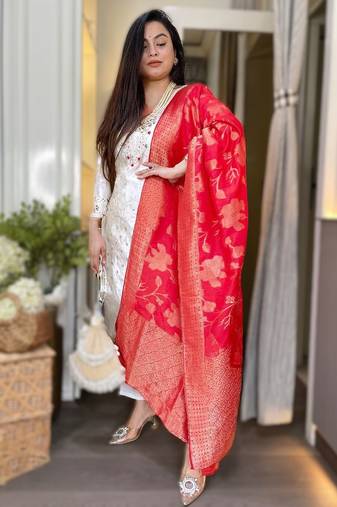 off white chanderi jacquard embroidered kurti pant set with dupatta