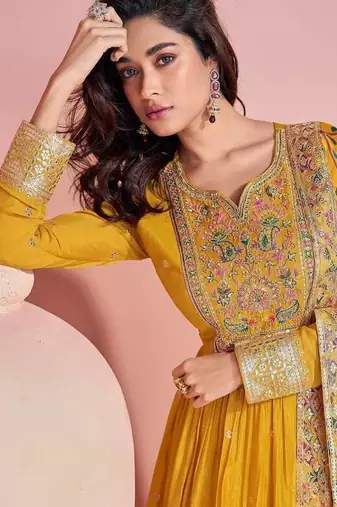 Yellow Embroidered Chinon Free Size Anarkali Suit