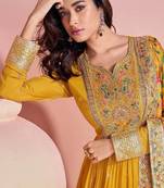 Yellow Embroidered Chinon Free Size Anarkali Suit
