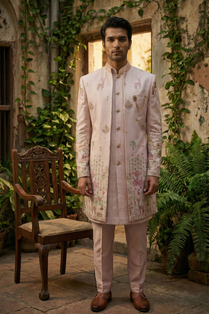 Pink thread and sequins embroidered indowestern