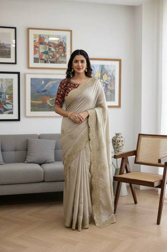 Pure soft Rangoli silk Embroidery Work Saree With Blouse Set For Women's