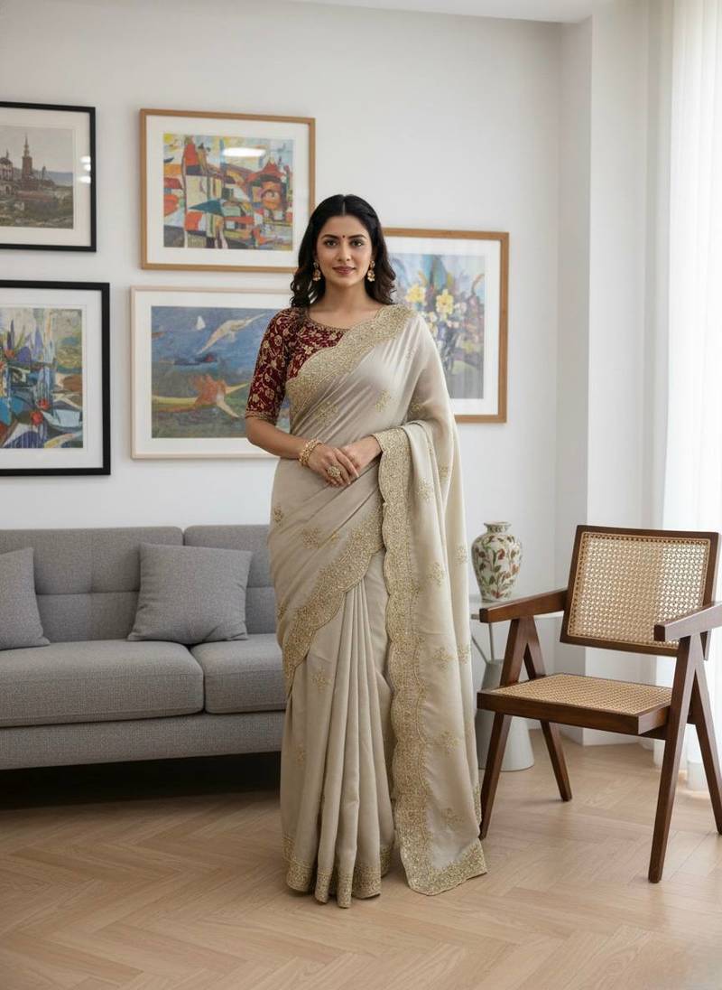 Pure soft Rangoli silk Embroidery Work Saree With Blouse Set For Women's