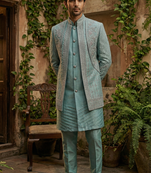 Blue thread and sequins embroidered indowestern