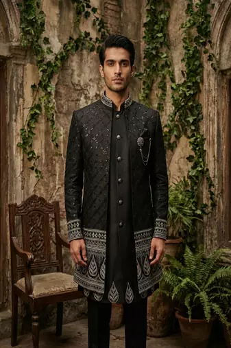 Black sequins and thread embroidered indowestern