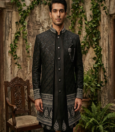 Black sequins and thread embroidered indowestern