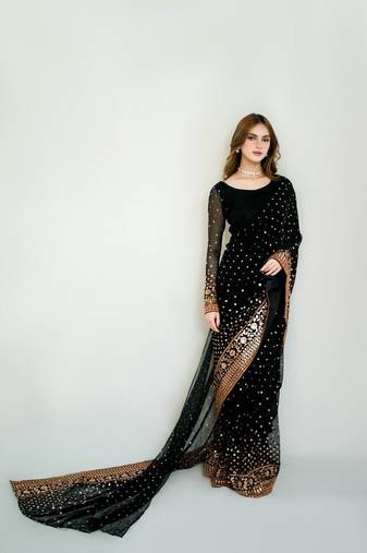 Heavy Soft Georgette Sequins embroidery work Black Color Saree With Blouse Set